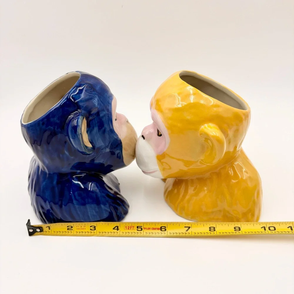 Ceramic Monkey Bust Planter Vase Set Blue‎ and Yellow Glossy Glaze Primate Decor